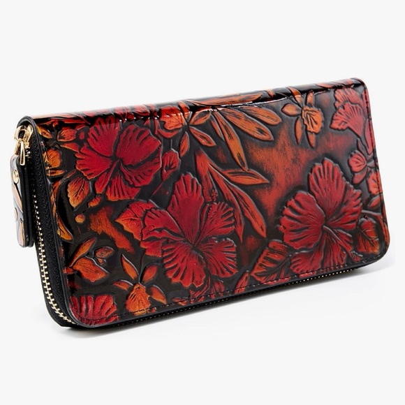 Handbags - Floral Embossed Wallet - Red and Black